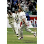 Shane Warne (Australia) hand signed 8 by 12in. action photograph, taking his 700th Test Wicket at