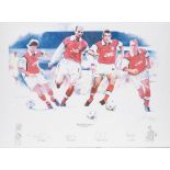 Signed Arsenal's "Back Four" print by Gary Keane, circa 1999, featuring an image of Arsenal's back