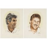 Two David Stallard watercolours of former England cricket captains Mike Brearley and Ian Botham,