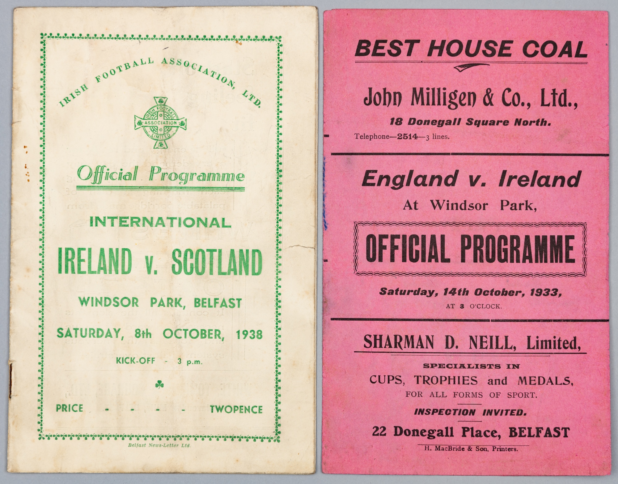 Northern Ireland International programmes, both played at Windsor Park Belfast, 1933-34 played on