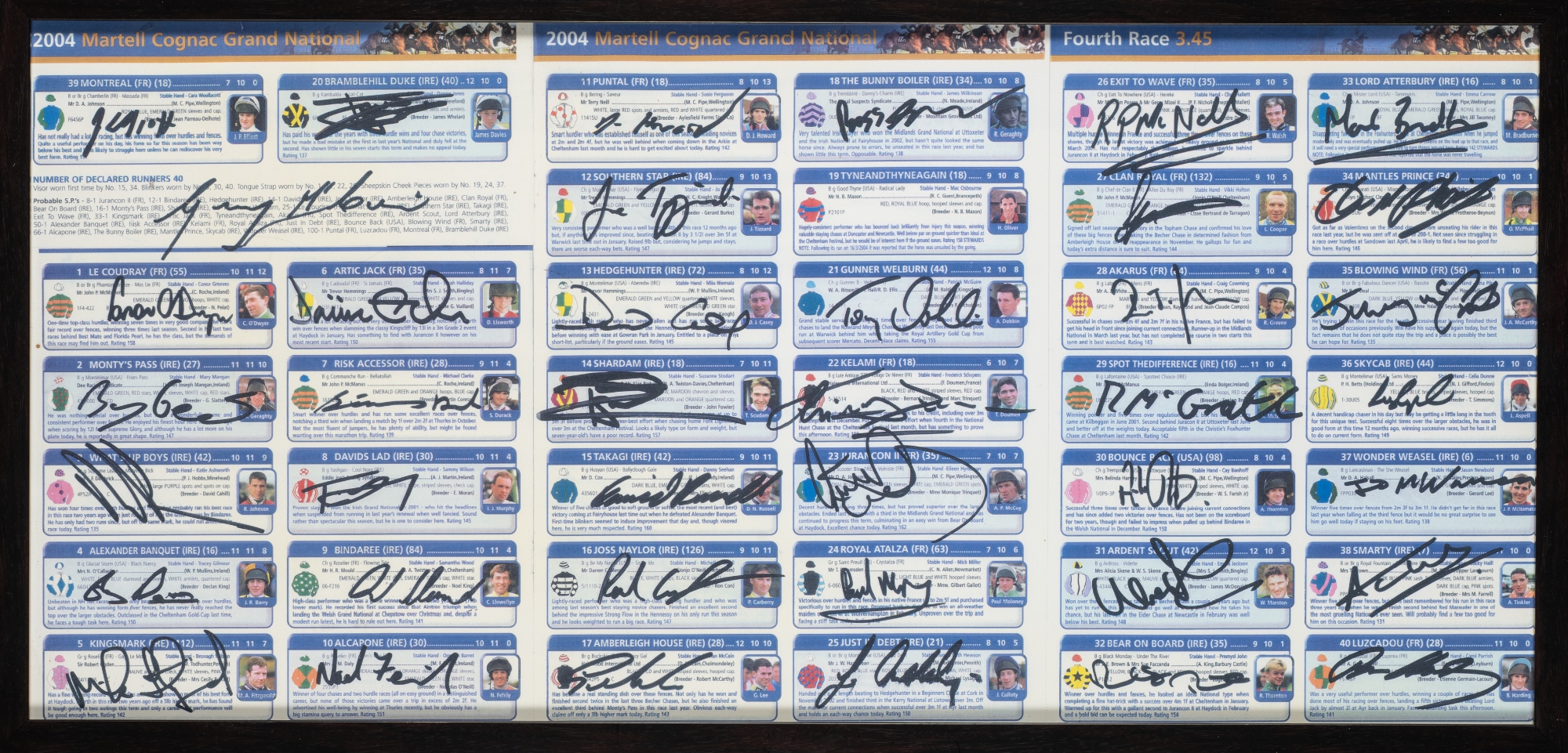 2004 Grand National racecard signed by all the competing jockeys and by the winning trainer Ginger