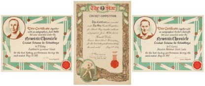Jack Hobbs-signed The Star cricket competition for school boys certificate, awarded to Ronald
