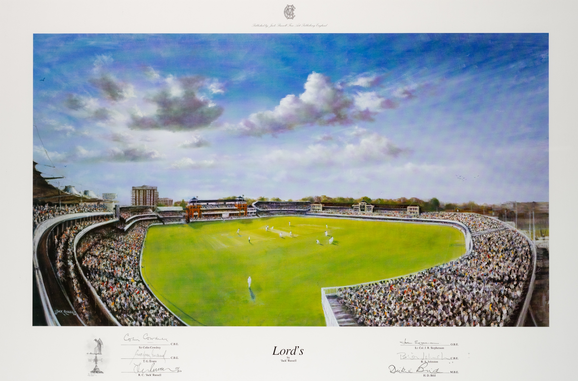 Signed Jack Russell (British, b.1963) colour limited edition print of Lord's Cricket Ground, circa
