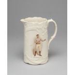 A white glazed pottery jug commemorating the Welsh heavyweight boxer Dai St. John circa 1900, colour