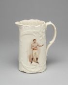 A white glazed pottery jug commemorating the Welsh heavyweight boxer Dai St. John circa 1900, colour