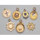 A miscellany of seven gold football medals, all in 9ct gold, four enamelled, all bearing