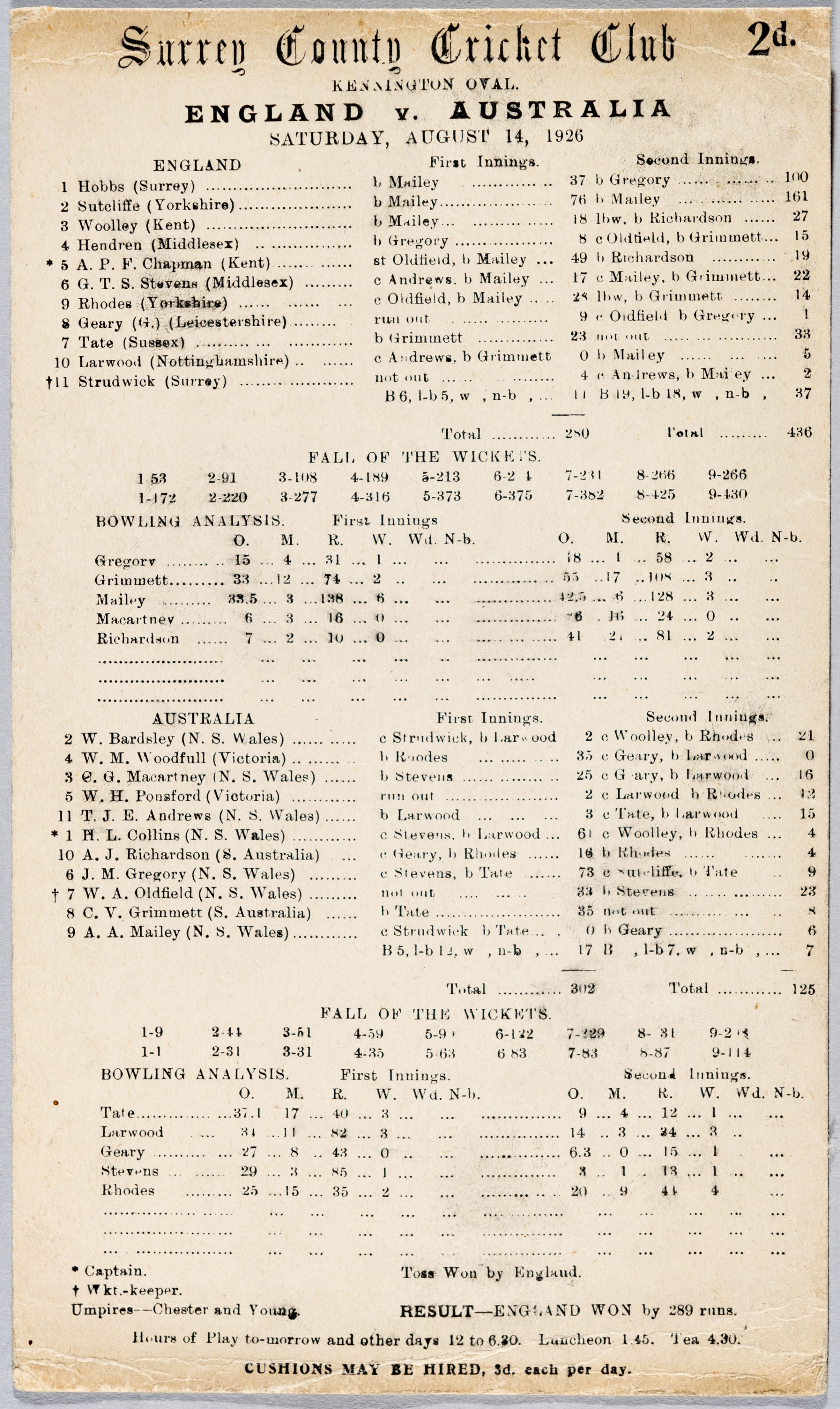 ENGLAND v AUSTRALIA 1926 5th TEST THE OVAL ENGLAND WIN THE ASHES ORIGINAL FULLY PRINTED SCORECARD,