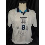 England Euro 96 No.8 Paul Gascoigne replica shirt signed by goalscoring machines Teddy Sheringham,