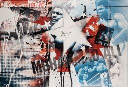 A large German print on canvas featuring and signed by Muhammad Ali and his daughter Laila Ali,