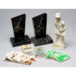 Tennis memorabilia, comprising two tennis trophy bookends, featuring an individual silvered