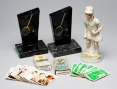 Tennis memorabilia, comprising two tennis trophy bookends, featuring an individual silvered