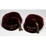 A pair of football representative caps dated 1908-09 and 1909-10, maroon velvet caps by H J Wilson