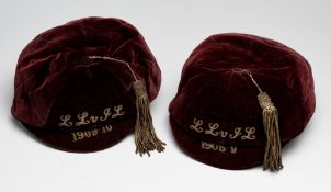 A pair of football representative caps dated 1908-09 and 1909-10, maroon velvet caps by H J Wilson