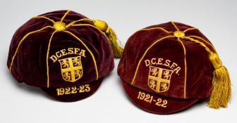 A pair of Durham County Elementary Schools' Football Association representative caps dated 1921-22