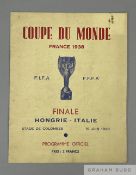World Cup programme for finals 1938, played in France at Stade de Colombes on 19th June 1938