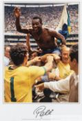 World Cup 1970 colour print signed by Pele, featuring Pele being held aloft after beating Italy 4-