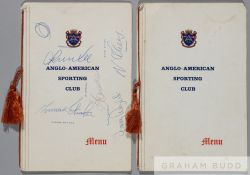 Two Anglo-American Sporting Club dinner menus partially autographed by England 1970 World Cup squad,
