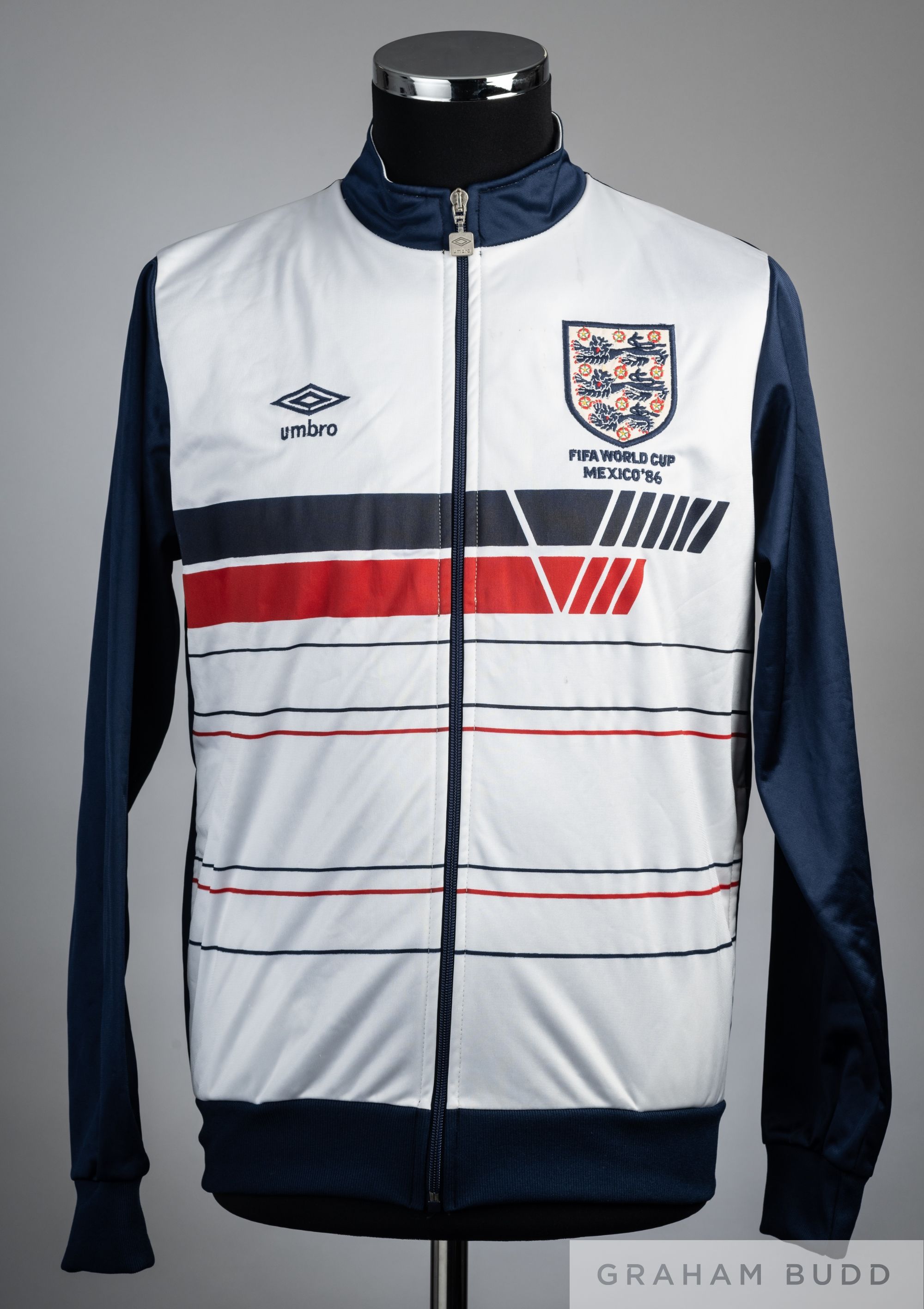 England 1986 World Cup tracksuit top, Umbro, zip-up, white, blue & red, three lions badge and