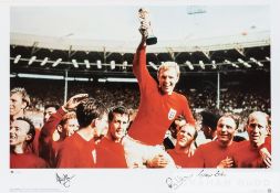 1966 World Cup celebration colour print signed by Ball, Wilson & Cohen, featuring the players
