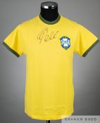 Pele signed yellow and green Brazil 1970 World Cup replica jersey, Re-Take, short-sleeved with