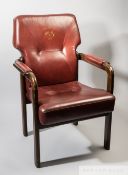 Joao Havelange FIFA President's leather upholstered armchair, burgundy button back bearing PRESIDENT