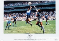 'Hand of God' print signed by Peter Shilton, featuring the Maradona scoring the famous goal during