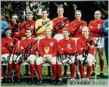 Excellent 10 by 8in. photograph signed by 10 of the successful 1966 World Cup team, signed by