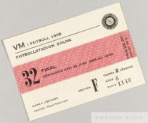Ticket for the 1958 World Cup Final in Stockholm Sweden v Brazil 29th June 1958, number 32, good