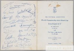 1966 World Cup Final banquet menu fully-signed by the 22-man England squad, signatures in blue ink