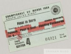 Ticket for the 1954 World Cup Final West Germany v Hungary played in Bern, Switzerland, 4th July