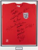 England 1966 World Cup Winners autographed commemorative Umbro red shirt, neatly and vertically