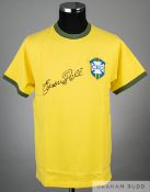 Edson Pele signed yellow and green Brazil 1970 World Cup replica jersey, Re-Take, short-sleeved with