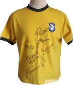 Mexico 1970 World Cup replica Brazil shirt hand signed by seven of the Brazil who won the tournament
