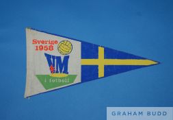 An official Sweden 1958 FIFA World Cup pennant triangular, material form, with Swedish flag and