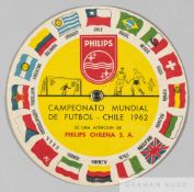 World Cup Chile 1962 rare circular fixture finder issued by Phillips Electrical, front has flags