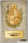 Uruguayan Football Association plaque presented to the Football Association at the 1966 World Cup,