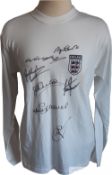England home white shirt signed by the nations top seven goal scorers,  who are in order Wayne