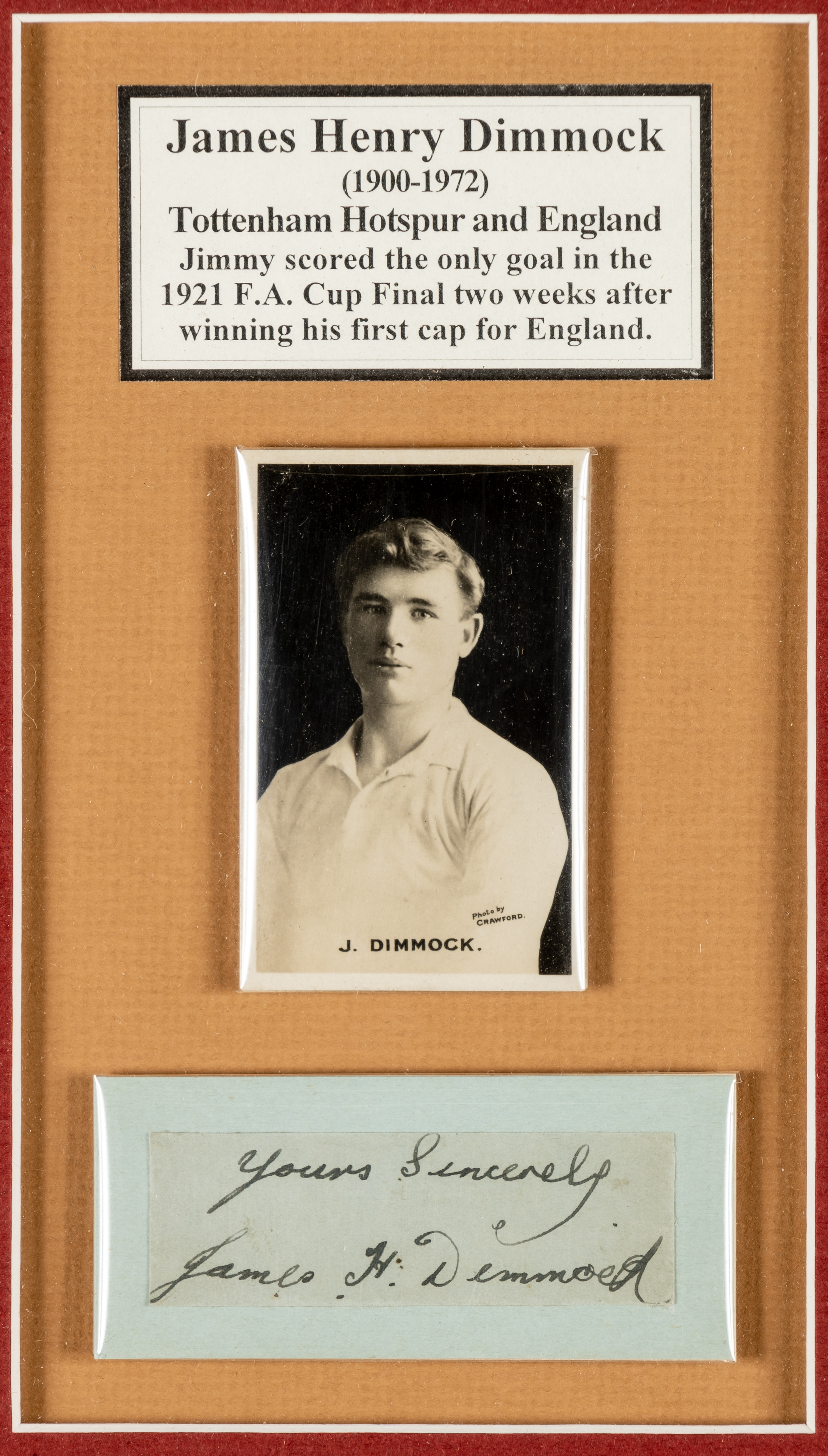 Tottenham Hotspur's Jimmy Dimmock signature and trade card mounted in a frame