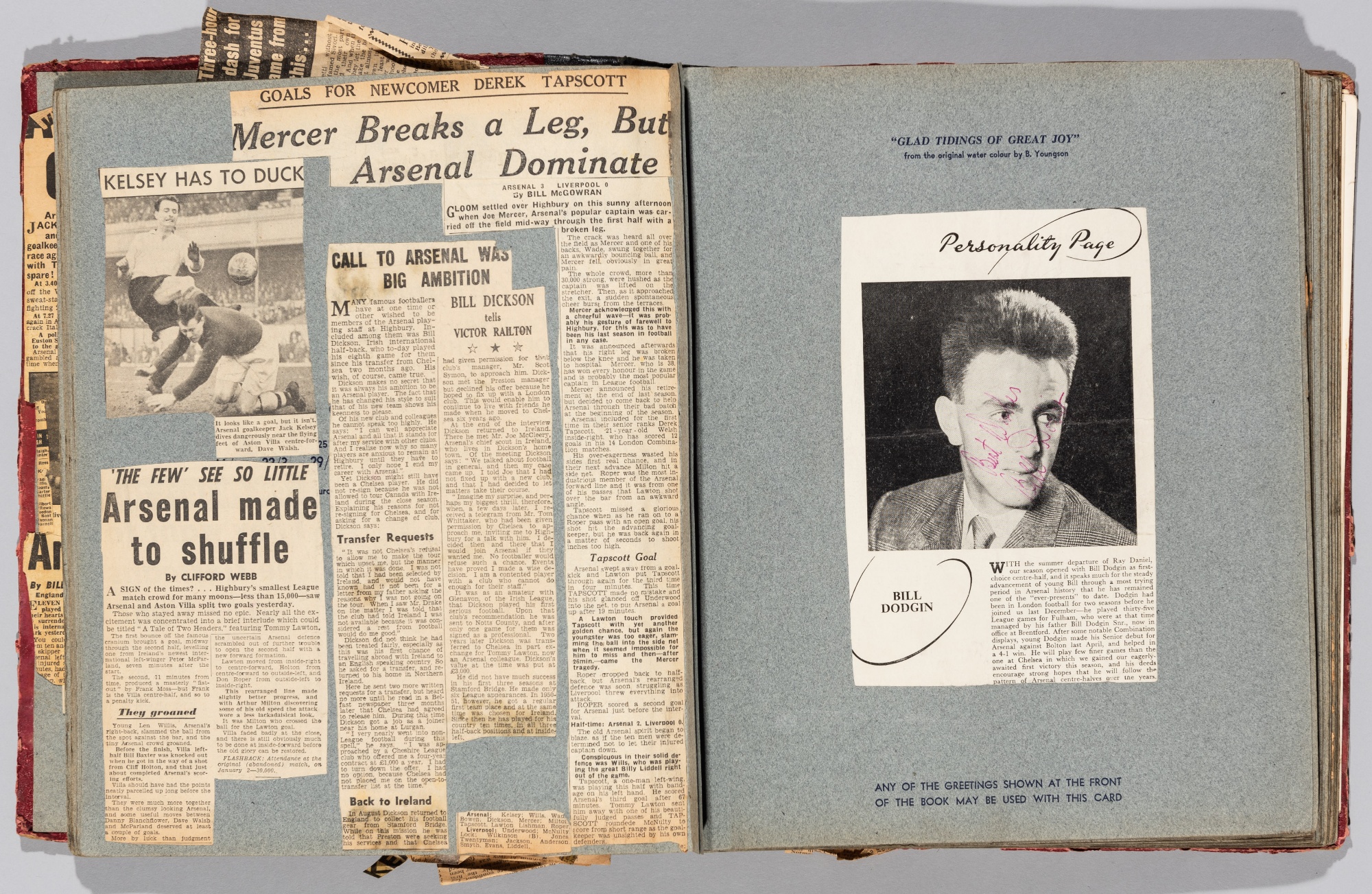 Arsenal FC schoolboy scrapbook with signed images of players and match reports, circa 1950s