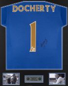 Tommy Docherty signed blue Chelsea No.1 tribute jersey display