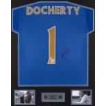 Tommy Docherty signed blue Chelsea No.1 tribute jersey display