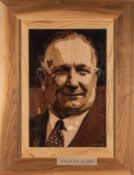 Marquetry work portrait of Arsenal FC's legendary manager Herbert Chapman by the artist Rob Bishop