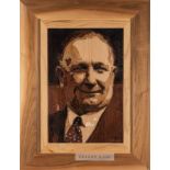 Marquetry work portrait of Arsenal FC's legendary manager Herbert Chapman by the artist Rob Bishop