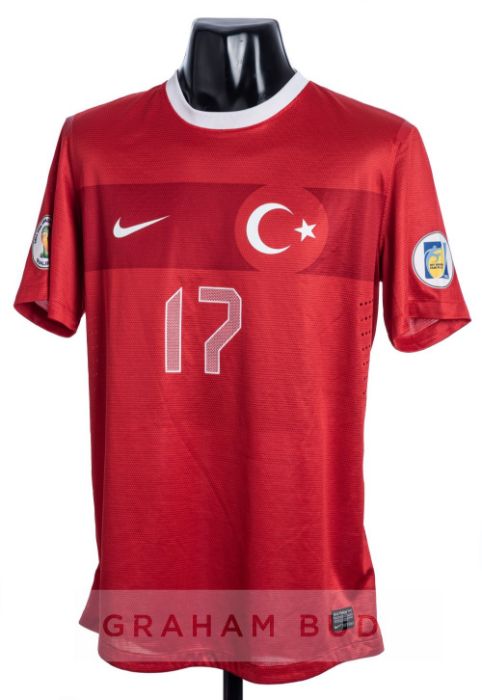 Burak Yilmaz signed red Turkey No.17 home jersey from the 2014 FIFA World Cup Qualifiers, short-