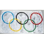 Olympic Rings flag extensively signed by Great British & other nationalities Olympic medallist's