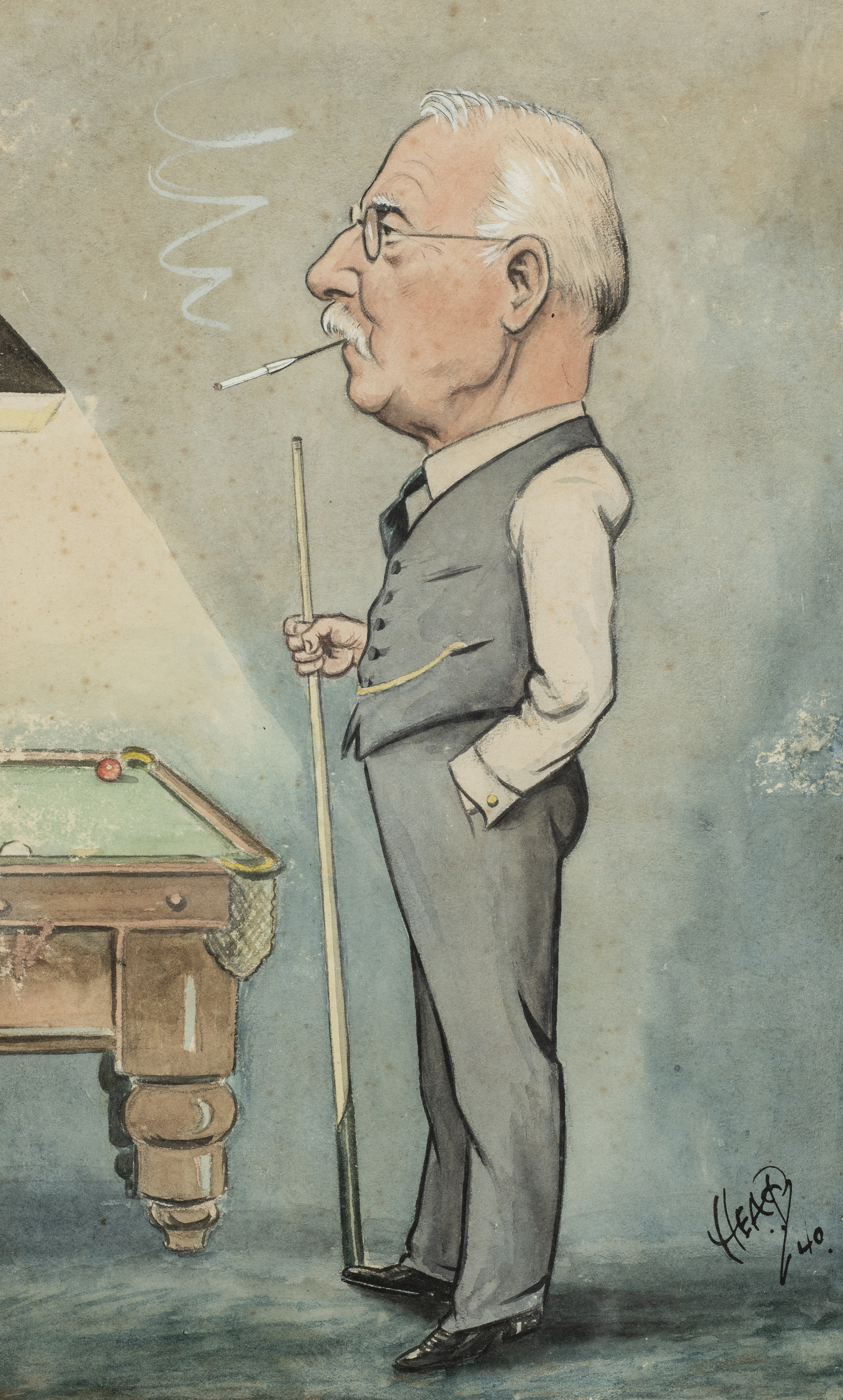 Harry Heap drawing of a billiards player, circa 1940s