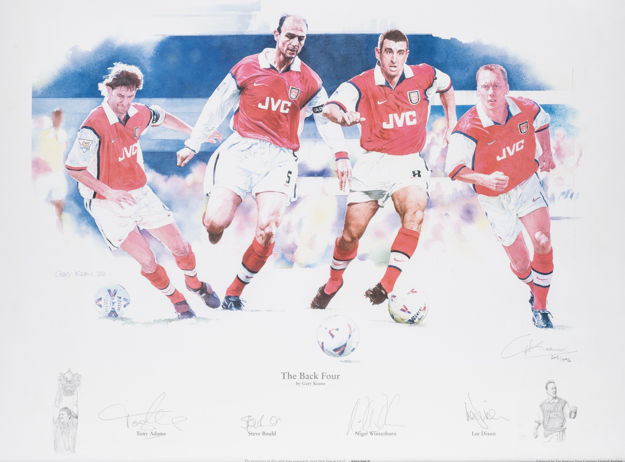 Signed Arsenal's "Back Four" print by Gary Keane, circa 1999