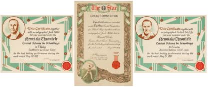 Jack Hobbs-signed The Star cricket competition for school boys certificate