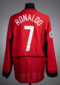 C. Ronaldo red & white Manchester United no.7 jersey prepared for the match v VfB Stuttgart, 2003