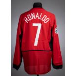 C. Ronaldo red & white Manchester United no.7 jersey prepared for the match v VfB Stuttgart, 2003